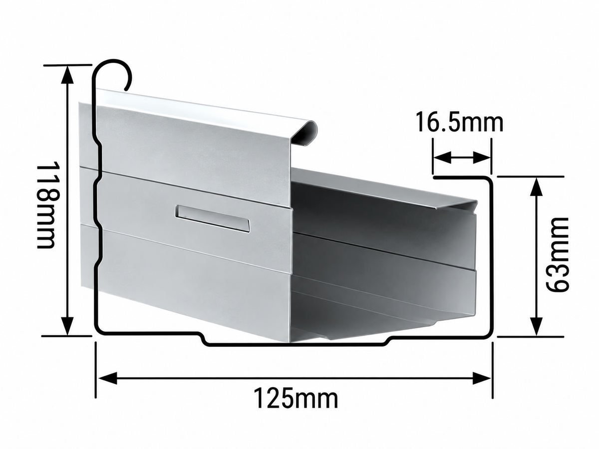 Fascia Gutter, A-line side profile with dimensions