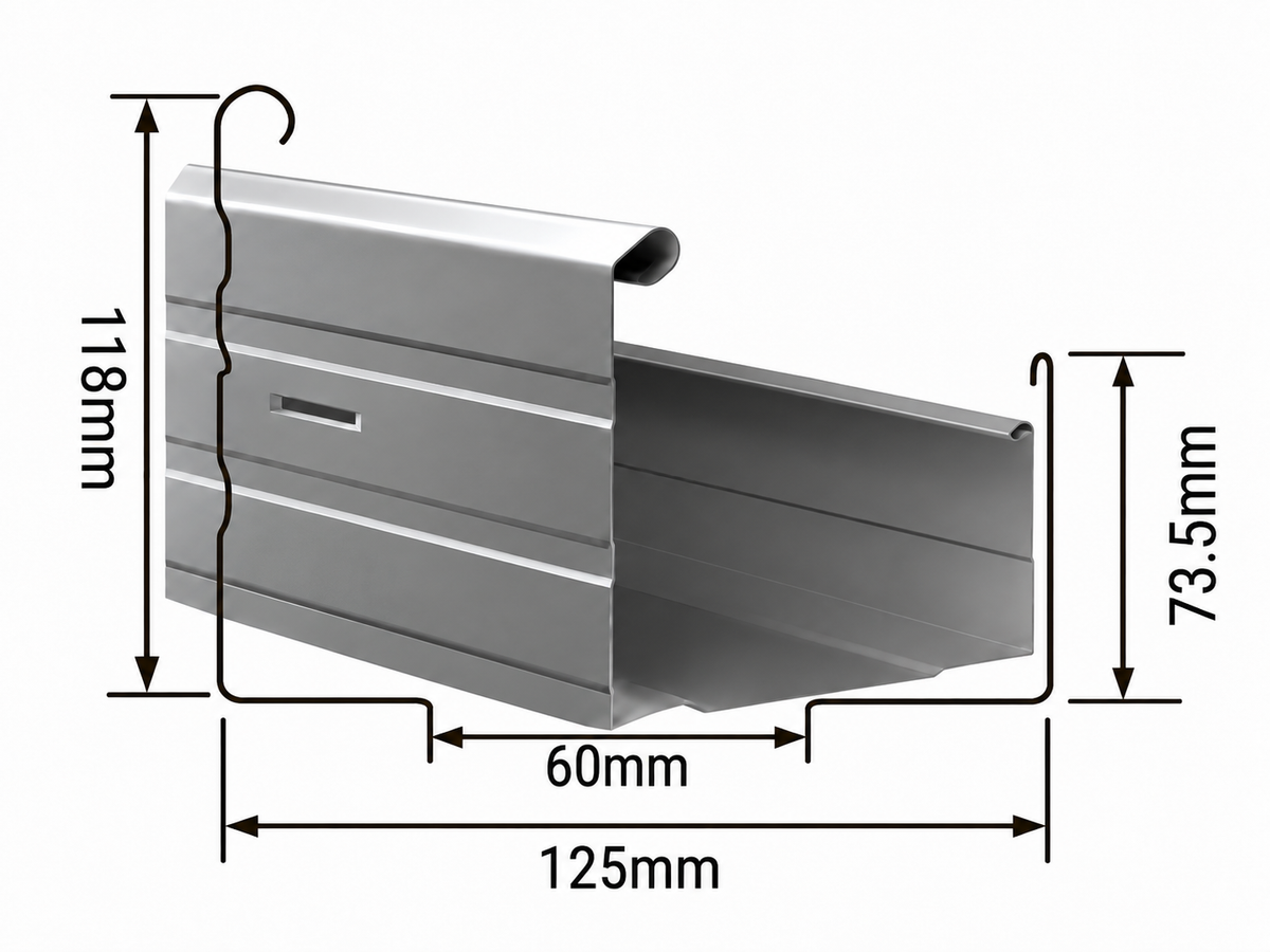 Fascia Gutter, High Front side profile with dimensions