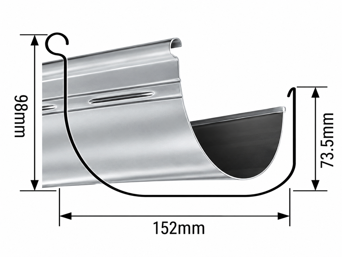 Half Round Gutter side profile with dimensions