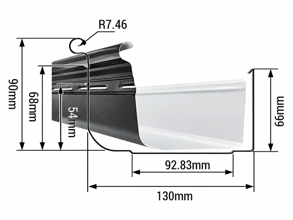 Quad Gutter 150 High Front side profile with dimensions