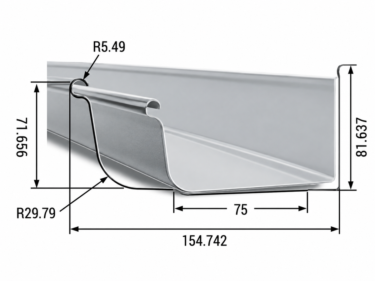 Quad Gutter 150 Low Front side profile with dimensions