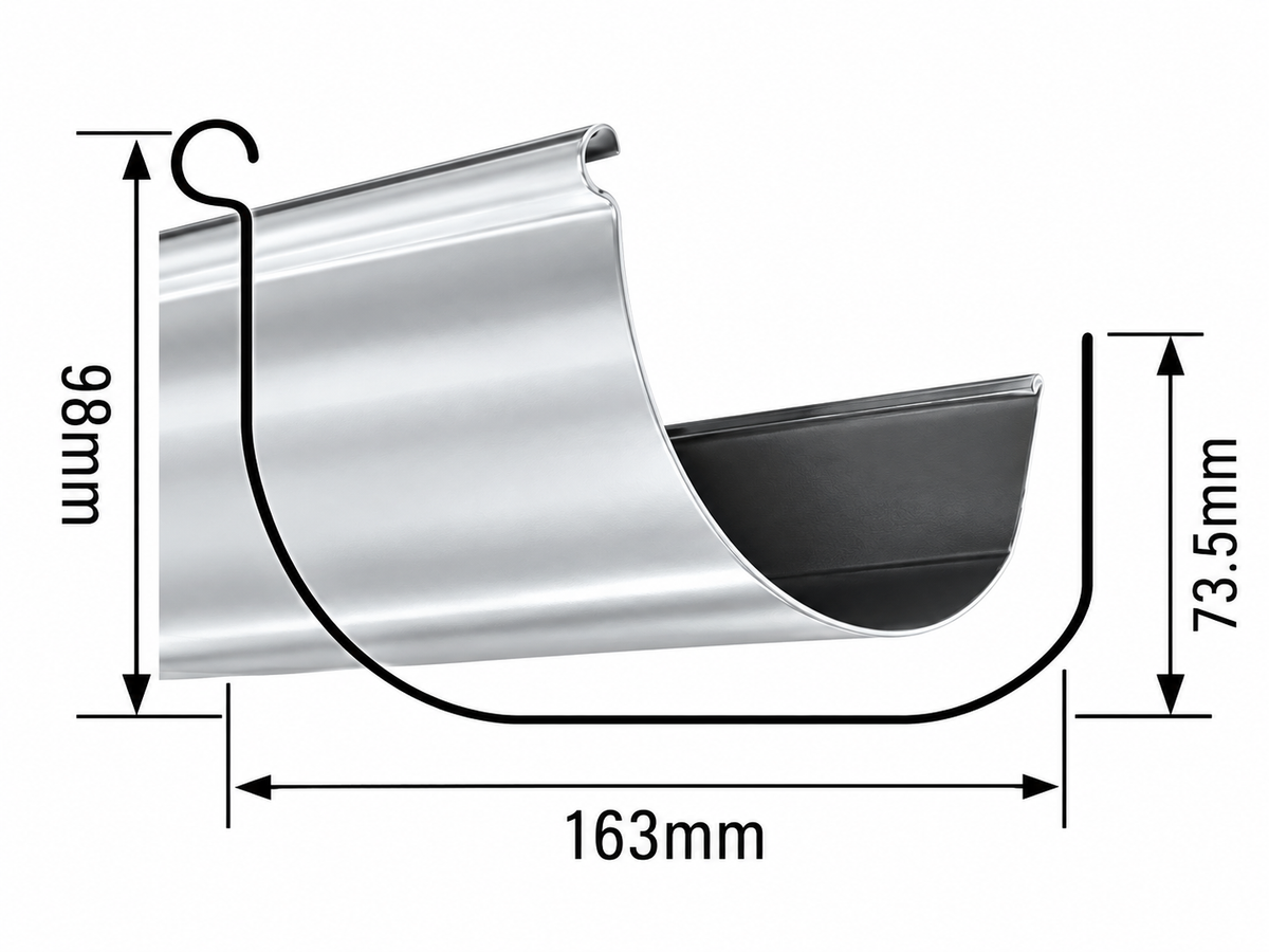 Roundline Gutter side profile with dimensions